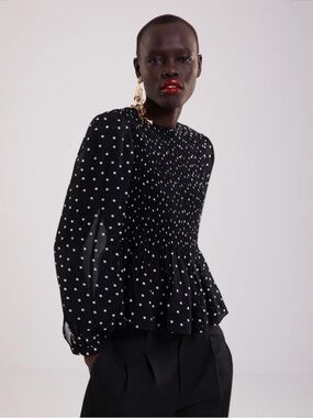 ZARA Black Polka Dot Sheer Smocked Blouse Peplum Long Sleeve Size XS